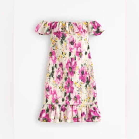 NWT Abercrombie & Fitch Off the shoulder pink floral smocked dress large Petite - Picture 2 of 8